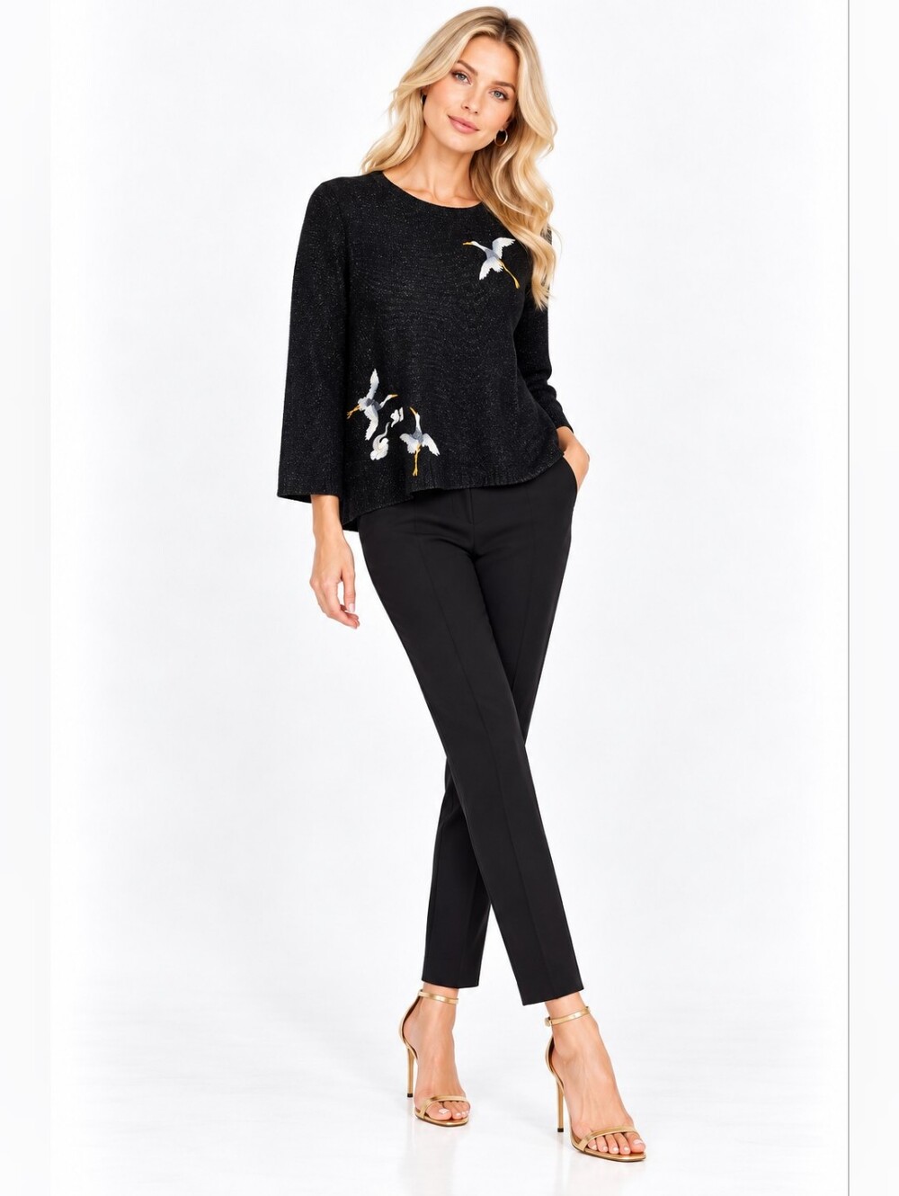 Ann Taylo Size Black Crane Embroidery Metallic Thread Sweater